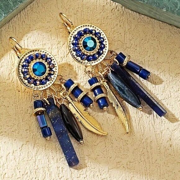 Jewelry - Bohemian Rhinestones Gold and Blue Dangle Crystal Charm Earrings